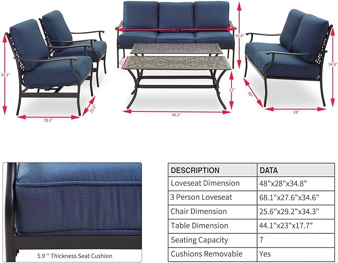 PatioFestival Patio Conversation Set 6 Pieces Metal Outdoor Furniture Seating Sets with Blue Thick Cushions, Rocking Chairs & Coffee Table & Loveseat