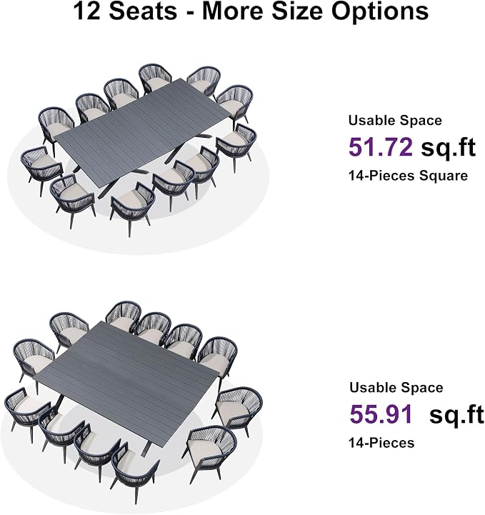 PURPLE LEAF Outdoor Dining Set for 12 All-Weather 14 Pieces Patio Aluminium Dining Large Table and Rope Weave Chairs Included Cushions for Backyard Deck Kitchen Modern Furniture Set Gray and Navy - Image 7