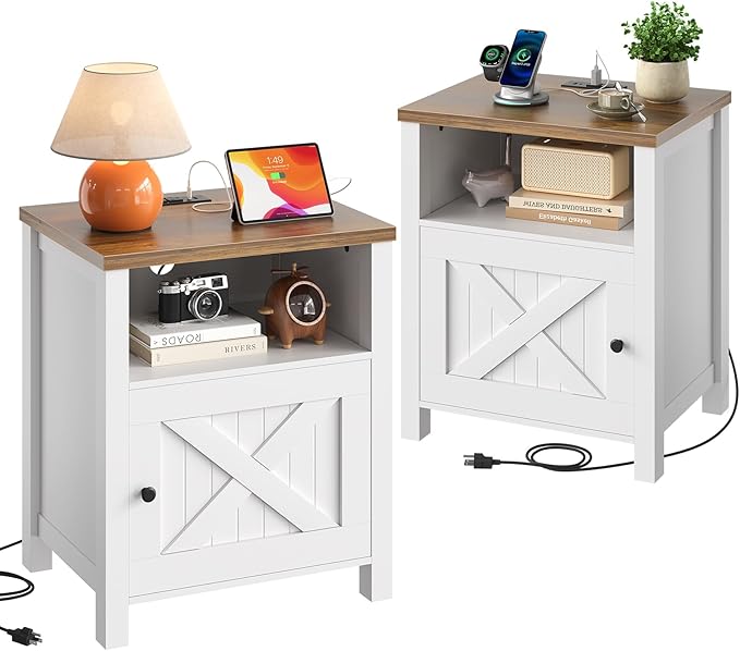 Marsail Farmhouse Nightstand Set of 2 with Charging Station, Wood Bedside Table with USB Port & AC Outlet, Open Shelf and Enclosed Cabinet, Side Table with Storage for Bedroom, Brown and White by Marsail