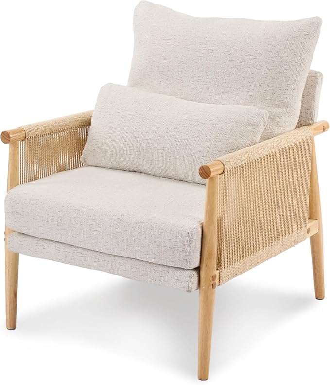VINGLI Boho Braid Accent Armchair,Mid-Century Modern Chiar with Solid Wooden Armrest,Comfy Louge Cushion Chair with Waist Pillow for Bedroom,Living Room,Reading Room, Gray Beige