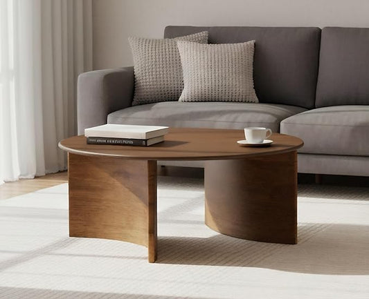 31.5″ Round Coffee Table, Walnut Circle Coffee Table with Curved Base, Solid Wood, Ideal for Living Room, Apartment, Compact Place