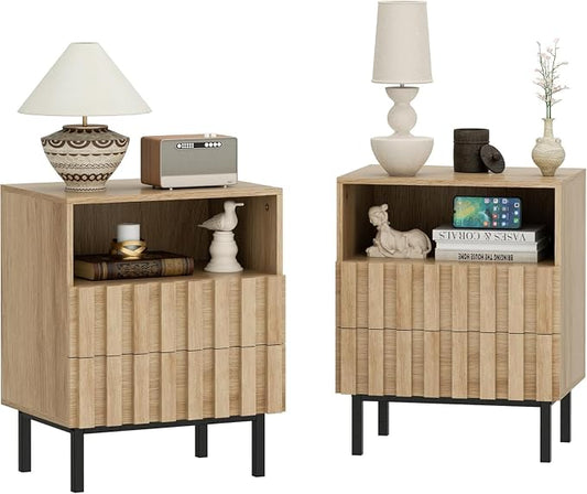 UEV Mid Century Modern Fluted Nightstand Set of 2, 2 Drawers End Table with Storage Space, Accent Solid Wood Bedside Table for Bedroom, Living Room (Ivory White, Set of 2) by YourHomeExcellentVendor