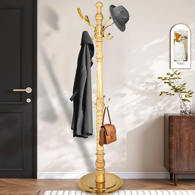 Vintage Coat Rack Free Standing with 14 Metal Hooks, Solid Wood Coat Hanger Stand Adjustable Size, Standing Coat Rack Tree with Sturdy Metal Base for Entryway,Bedroom,Hallway,Office,Apartment by PZDJUMO