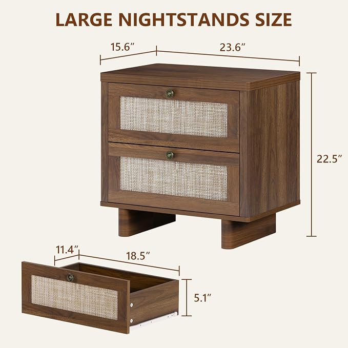 LAZZO Nightstands Set of 2 Large Night Stands 23.6" Wide Bedside Table Set of 2 with 2 Rattan Drawers and Bronze Ring Handles for Bedroom Walnut - Image 3