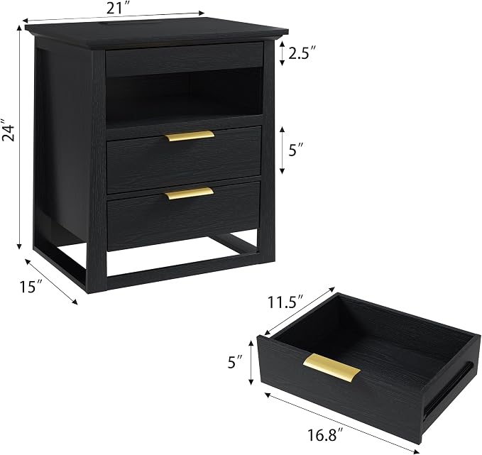 Rresyet 3 Drawer Nightstand with Charging Station & LED Lights & Open Shelf, Modern Night Stand with Storage, Wooden Bedside Table for Bedroom Room, Office (Black) - Image 2