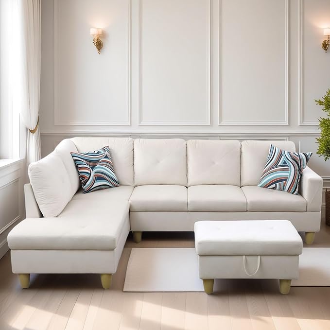 FONTOI L Shaped Sectional Couch Sofa, Modern Couches for Living Room, Comfy 4 Seat Modular Sectional Sofa with Ottoman Storage for Bedroom Apartment, White