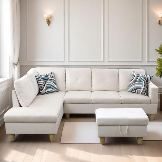 FONTOI L Shaped Sectional Couch Sofa, Modern Couches for Living Room, Comfy 4 Seat Modular Sectional Sofa with Ottoman Storage for Bedroom Apartment, White