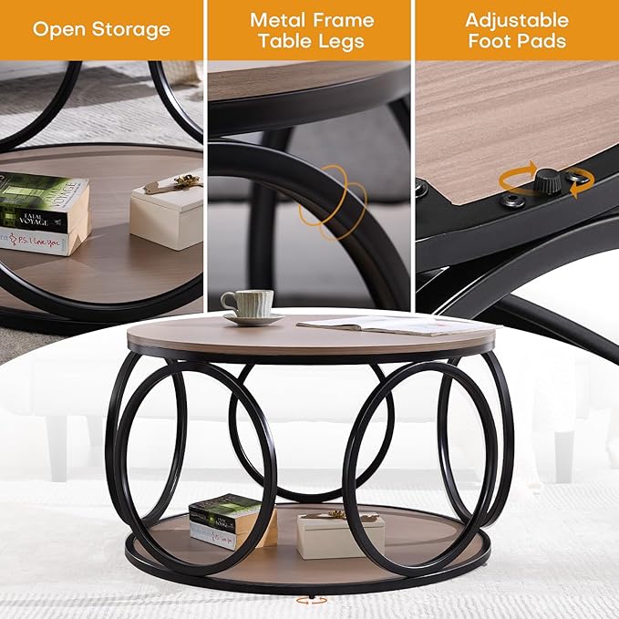 BECHAEO 31.5" Round Coffee Table with Storage - 2 Tier Vintage Coffee Table for Living Room, Industrial Design Wood Top & Metal Legs, Modern Accent Cocktail Tables for Home Office