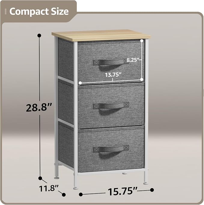 Sorbus Nightstand with 3 Drawers - Bedside Furniture & Night Stand End Table Dresser with Steel Frame, Wood Top, Easy Pull Fabric Bins for Home, Bedroom Accessories, Office & Dorm - Image 3