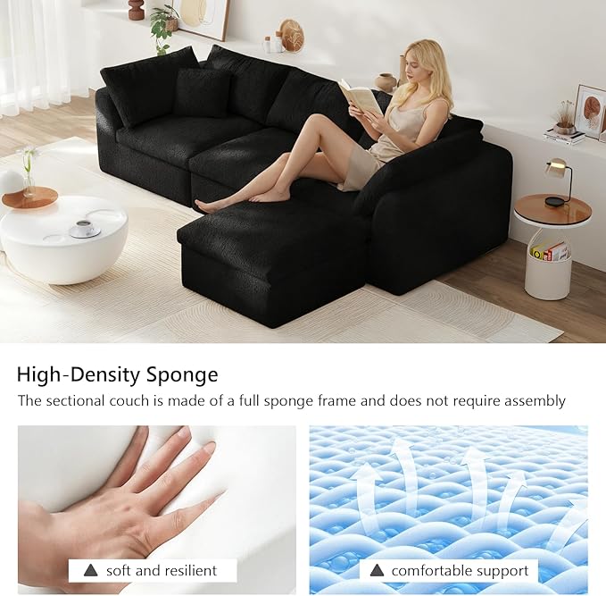 108" Modular Sectional Sofa Boneless Cloud Couch for Living Room, L Shape Deep Seat recliner sofa with Ottoman, Adjustable Backrest & 2 Throw Pillows - Covers Washable, (Black, 3 Seater+1 Ottoman)