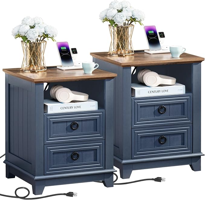 Joaxswe 18" Farmhouse Night Stands Set of 2 with Charging Station, 2 Drawers End Table Dresser for Bedroom, Blue Wooden Nightstand, Bed Side Table with Open Shelf, Bedside Cabinet for Living Room by Joaxswe