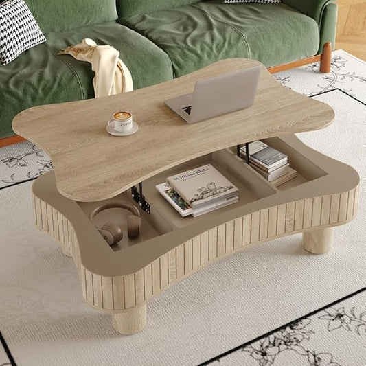 42.52'' Cloud Coffee Table with Lifting Top for Living Room Irregular Coffee Table with Storage Modern Low Cute Wooden Fluted Center Tables Pull Up Tables Grey