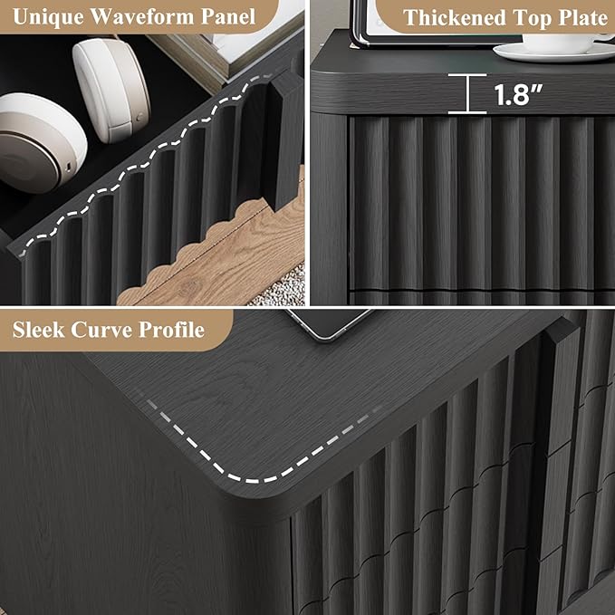 Fluted Dresser and Nightstand 4-Piece Bedroom Set, 47" Wide 6-Drawer + 49" Tall 6-Drawer Dresser and 2 of 3-Drawer Nightstand with Charging Station, Modern Bedroom Dressers Sets, Hallway, Black