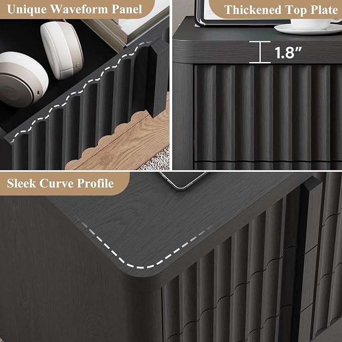 Fluted Dresser for Bedroom, 47" Wide 6 Drawer Dresser, Modern Chest of Drawers with Solid Wood Handle, Curved Profile Design, Wood Dressers Storage Organizer, Living Room, Hallway, Black - Image 7