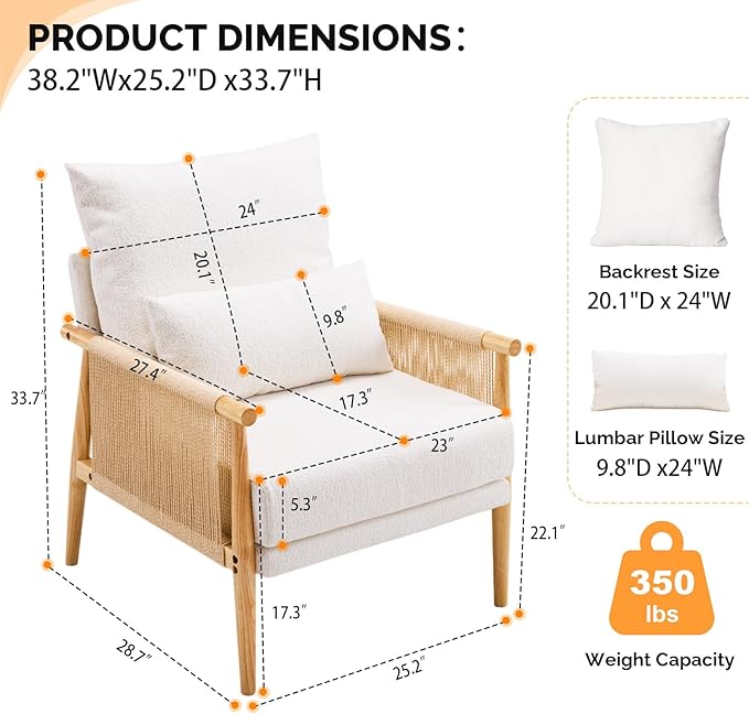 VINGLI Boho Braid Accent Armchair,Mid-Century Modern Chiar with Solid Wooden Armrest,Comfy Louge Cushion Chair with Waist Pillow for Bedroom,Living Room,Reading Room, Beige