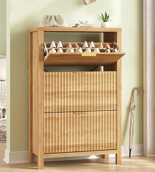 YOMILUVE Shoe Cabinet Storage for Entryway, Fluted Shoe Cabinet with 3 Flip Drawers, Hidden Shoe Rack Tall Freestanding Shoe Organizer with Legs for Hallway, Oak by YomiluveDesign