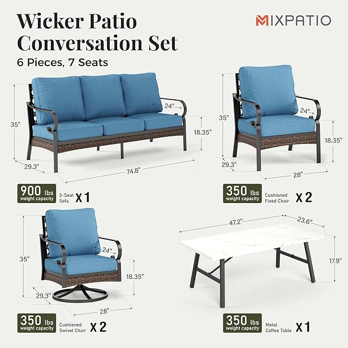 Patio Furniture Set with Coffee Table, Outdoor Conversation Set with 2 x Fixed Chairs, 2 x Swivel Chairs, 1 x 3-Seat Sofa for Lawn Garden Backyard, Navy Blue
