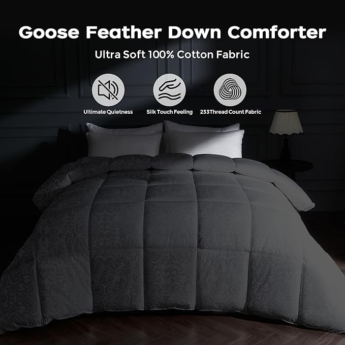 puredown® Goose Feather Comforter,Duvet Insert, Gusseted Ultra-Soft Noiseless Shell Medium Warmth Bedding Comforters (Black-All Season, Queen)