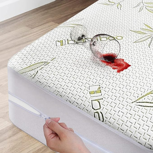 Bamboo Mattress Protector with Zipper - 100% Waterproof Queen Size Cooling Mattress Cover - Ultra Soft Jacquard Fabric Breathable Noiseless Mattress Pad Covers - Zippered Mattress Encasement