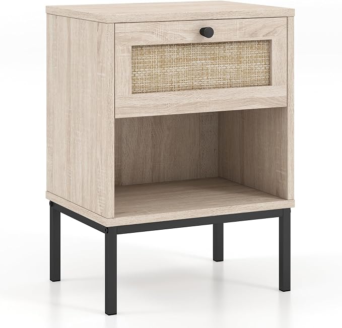Giantex Rattan Nightstand with Drawer, Boho Side Table with 4 Metal Legs and Open Storage Shelf, Farmhouse Wood Night Stand for Small Spaces, 2 Tier Bedside Table for Bedroom Office, Oak - Image 9