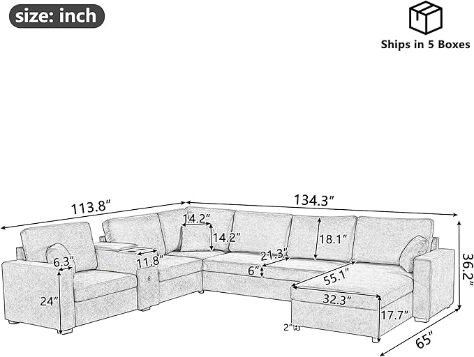 Merax Modern 134" U-Shaped Modular Sectional Sofa Couch with Cup Holders & Storage Drawers, Chenille 5-Seat Large Sectional Family Sofa with Chaise Lounge & Pillows for Living Room, Beige