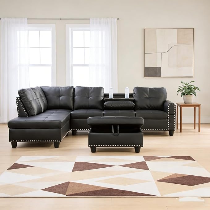 L-Shape Sofa with Storage Ottoman & Reversible Coffee Table, Leather Sectional Couch with Left Chaise, 3-Piece Sofa Set for Living Room, Upholstered Couch Set with Solid Wood Frame, Dark Grey