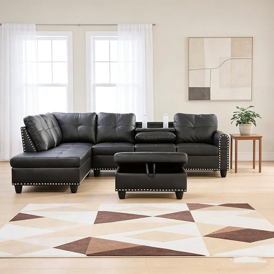 L-Shape Sofa with Storage Ottoman & Reversible Coffee Table, Leather Sectional Couch with Left Chaise, 3-Piece Sofa Set for Living Room, Upholstered Couch Set with Solid Wood Frame, Dark Grey