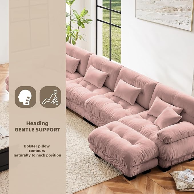 173.2" U-Shaped Cloud Couch, Oversized Modular Sectional Sofa, Deep Seat Cloud Boneless Couch, 4-Seat Modular Sectional Sofa with 2 Ottoman or Living Room,Bedroom and Apartment, Pink