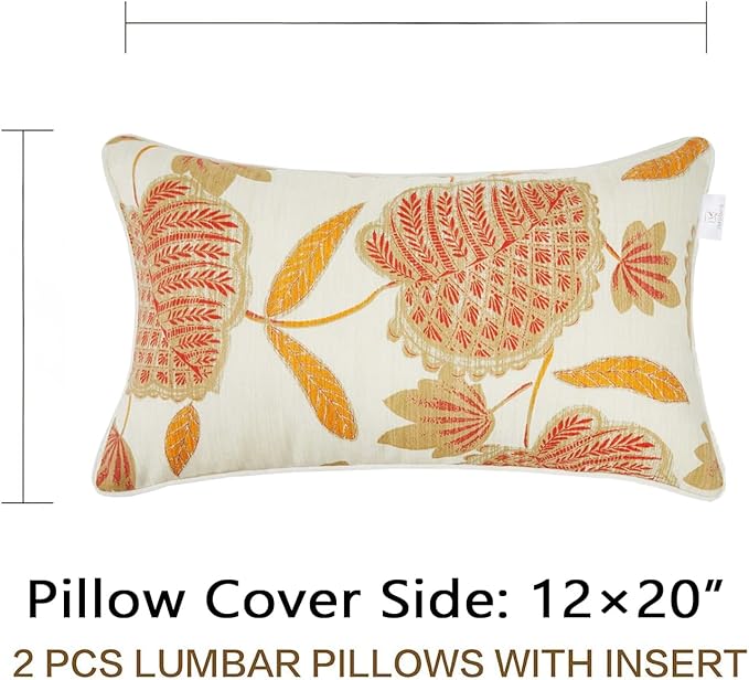 JMGBird Water-Resistant Outdoor Pillows Set of 2, 12x20 inch Durable Beige with Orange Leaf Pattern Throw Pillows with Inserts for Patio Furniture