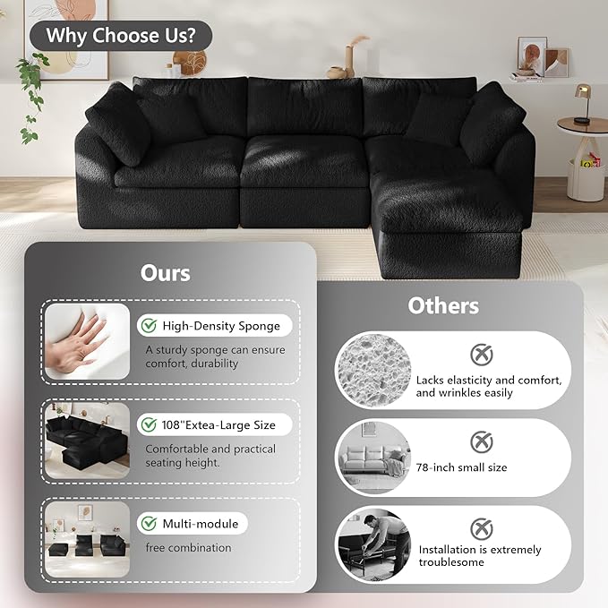 108" Modular Sectional Sofa Boneless Cloud Couch for Living Room, L Shape Deep Seat recliner sofa with Ottoman, Adjustable Backrest & 2 Throw Pillows - Covers Washable, (Black, 3 Seater+1 Ottoman)
