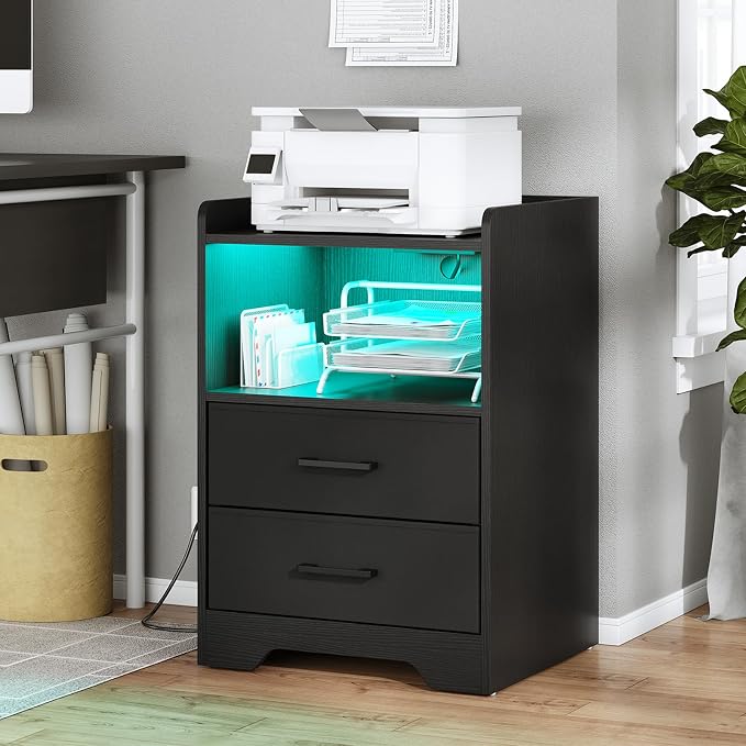 DICTAC Nightstands Set 2, LED Nightstand with Charging Station, End Side Table with USB Port, Bedside Table with 2 Fabric Drawers and Open Compartment for Bedroom, Black - Image 8