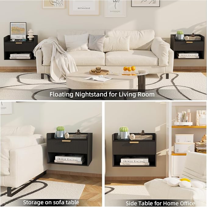 Arbuxzuy Floating Nightstand Set of 2, Wall Mounted Nightstand with Charging Station, Floating Bedside Table with Drawer, Minimalist Wooden Floating Night Stand for Bedroom (Black) - Image 4