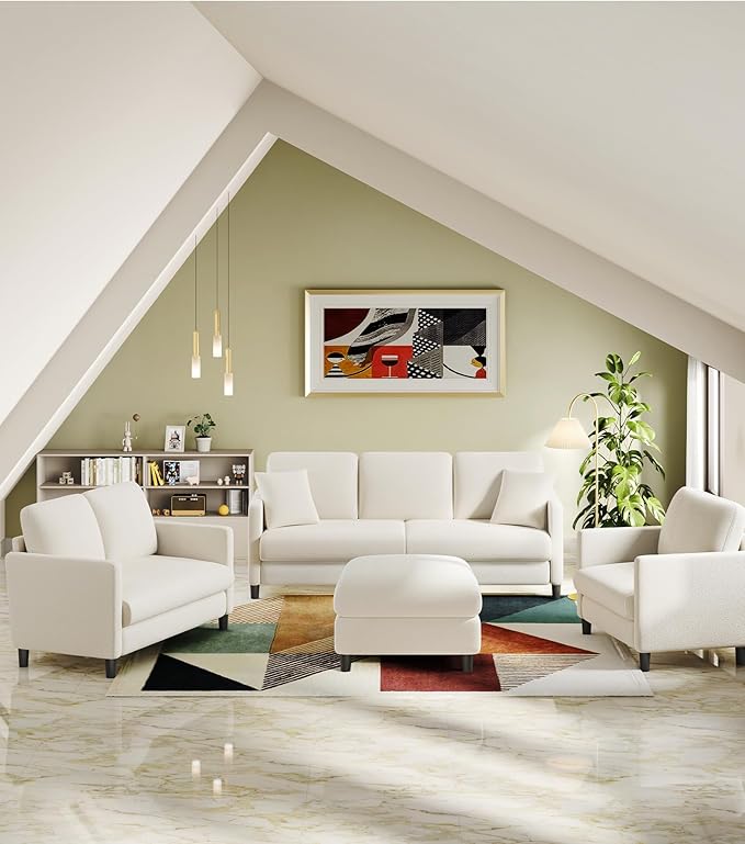 83" Couches for Living Room, Comfy Sofas for Living Room with Storage Ottomans, Teddy Sofa Couch, Tool-Free Loveseat Sofa, All-Wood Love Seat Couches, U Shaped Couch 2 Pillow Included, Beige