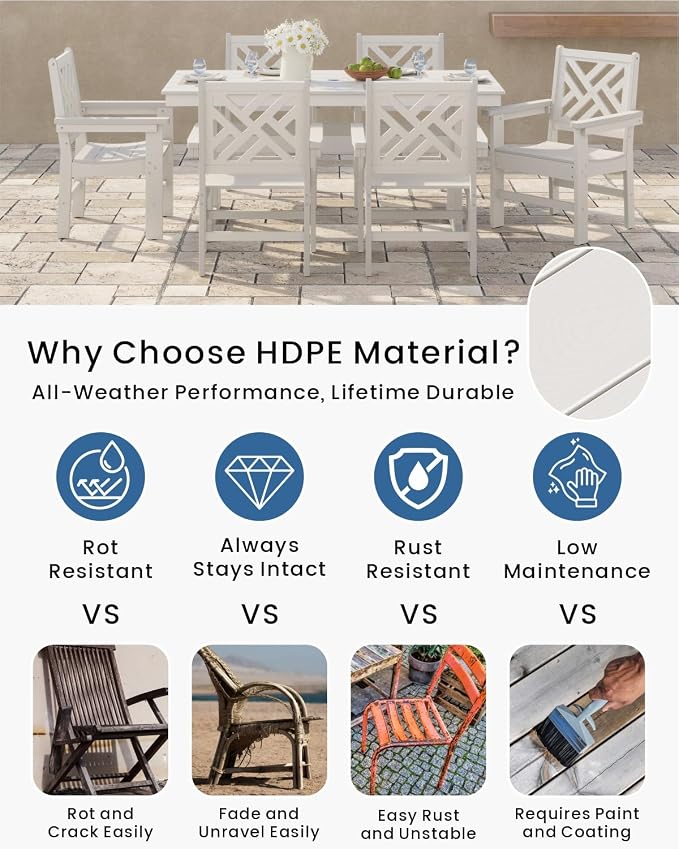 7-Piece Outdoor Dining Set, HDPE All-Weather Patio Table and Chairs Set for 6, Outdoor Patio Furniture Sets with Umbrella Hole for Outside, Deck, Backyard, Garden (White) - Image 3