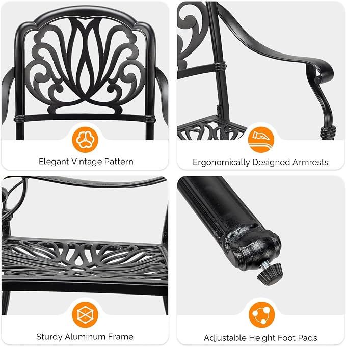 VINGLI Patio Chairs Set of 4 - Stackable Outdoor Cast Aluminum Dining Chairs with Vintage Black Finish and Floral Pattern, Metal Armchairs for Poolside, Backyard, Balcony (with Cushion) - Image 7