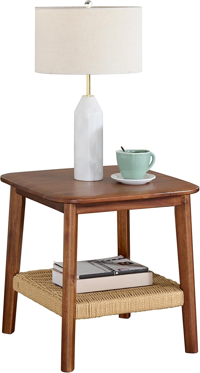 Alaterre Furniture Calais 2-Tier Solid Wood End Table with Woven Storage Shelf – Mid Century Modern Nightstand or Side Table for Living Room, or Bedroom (Chestnut) by AlaterreFurniture