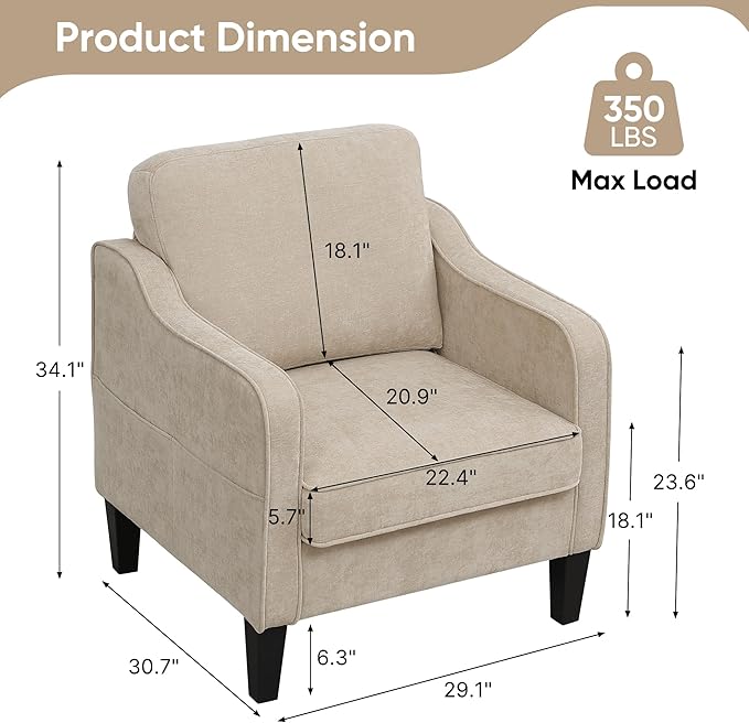 Accent Chair for Living Room, Mid Century Modern Reading Chair for Bedroom, Upholstered Armchair with Side Pockets, Comfy Single Sofa Side Chair for Office, Apartment, Small Room, Light Brow