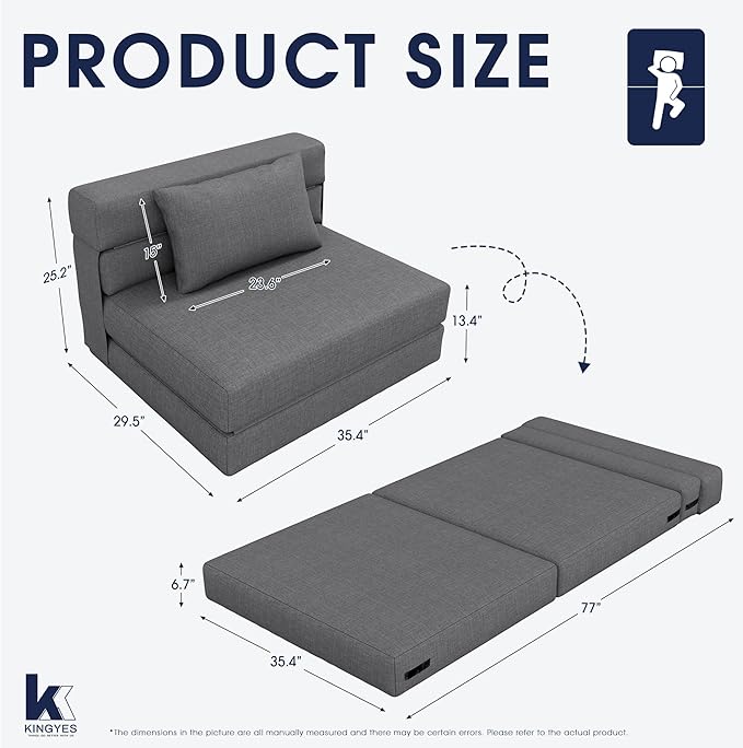 KINGYES 3 in 1 Foldable Chair Bed, Folding Sleeper Chair with Back Cushion, Convertible Chair Bed Sleeper for Adults, Gray