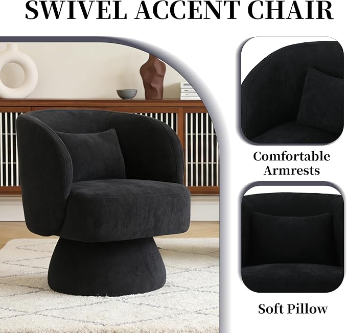 ClinQ Swivel Barrel Chair with Pillow Set of 2, Cloud Velvet Accent Chair, Upholstered Cuddle Reading Lounge Chair, 360° Modern Boucle Swivel Curved Armchair for Living Room, Bedroom, Office, Black