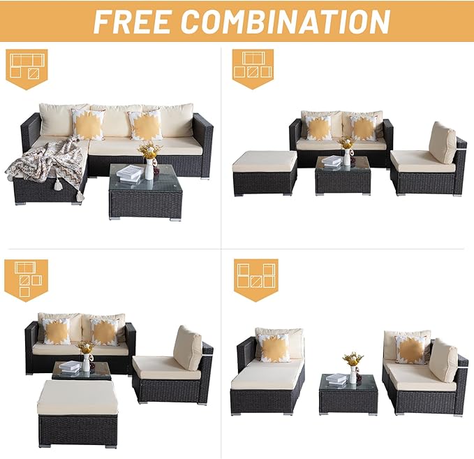 PAOLFOX5 Piece Rattan Patio Furniture Set, Outdoor Patio Conversation Set with Table,Soft Cushion and Backrest,Modern Chairs and Table Sets,Outdoor Furniture for Porch, Garden, Lawn,Grey/Beige