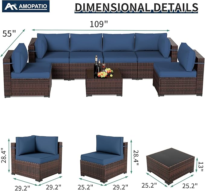 Amopatio Patio Furniture Set with Waterproof Cover, Modular Outdoor Sectional 7 Piece Wicker Patio Set, Multiple Combinations Outdoor Sofa w/Coffee Table, Navy Blue