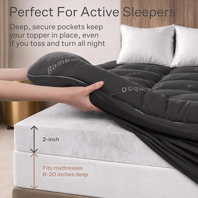 Dual-Layer 3.5 Inch Queen Size Mattress Topper - 2” Memory Foam + 1.5” Viscose Made from Bamboo Mattress Pad - Double the Comfort & Back Support - Removable & Machine-Washable Cover, Dark Gray