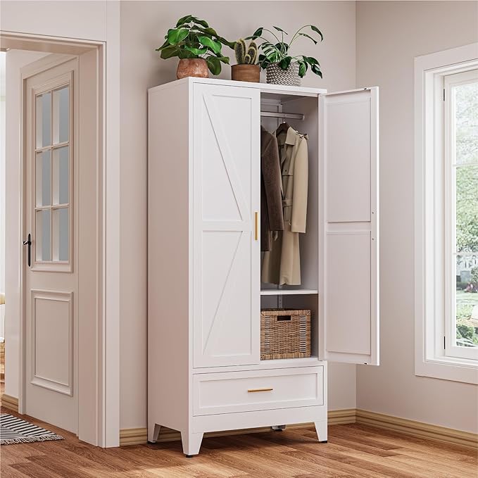 71" Tall Metal Armoire Wardrobe Closet,17.7" Deep By 31.5" Wide Portable Closet for Hanging Clothes,Wardrobe Cabinet with Drawer and Shelve for Bedroom Office Garage,White 1 Pack