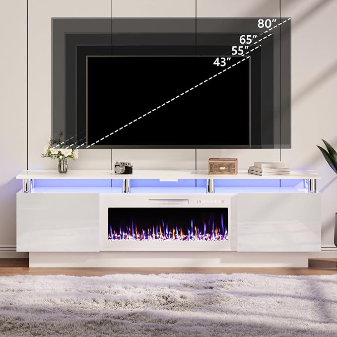 TAVATA 80" Fireplace TV Stand Up to 90" TVs, High Gloss Modern Entertainment Center with Storage for Living Room, Wood Media Console Cabinet with 36" Fireplace & Open Shelf, White - Image 6