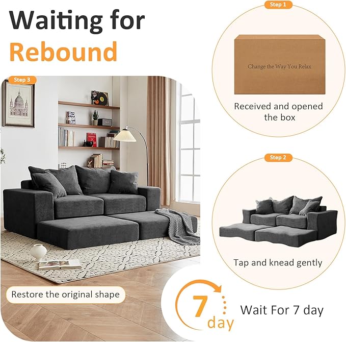 Modular Sectional Loveaeat Cloud Sofa, Boneless Couch with Non Slip Base, Cozy Sleeper Sofa for Customizable Living Spaces, Modern Modular Couch with L-Shape Chaise, Deep Seat & No Assembly, Grey