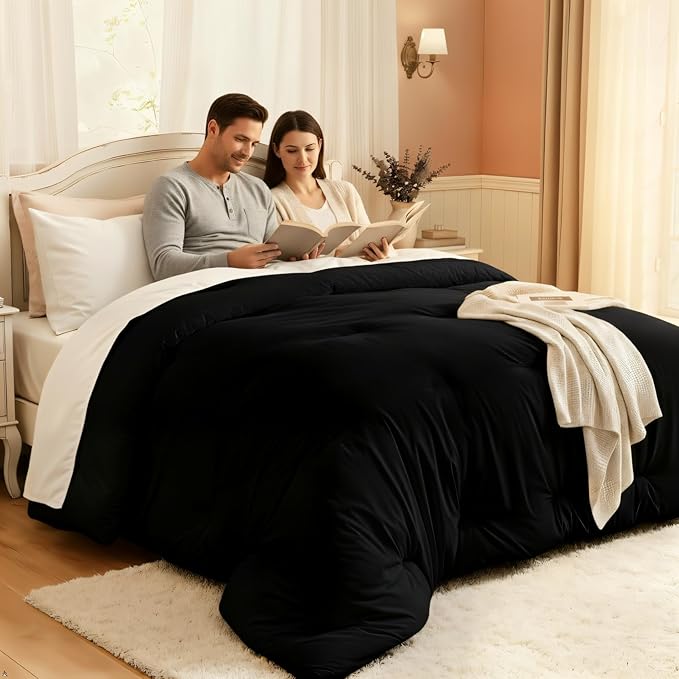 Comforters King Size, All Season Quilted Bed Comforter, Ultra-Soft Down Alternative Duvet Insert with 4 Tabs, Lightweight Bedding Blanket - Machine Washable, Black