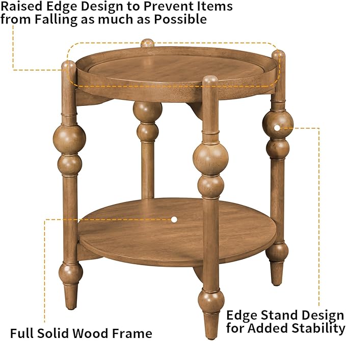 23" Round End Table with Solid Wood Frame, Small Side Table with Wood Shelf for Living Room Small Space Office Apartment, Natural