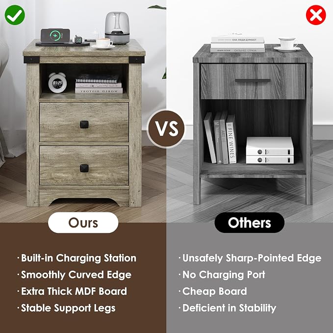 Airynee Nightstand with Charging Station, Farmhouse Nightstand with LED Lights, Modern Rustic Side Table with 2 Storage Drawers, Wooden End Table for Bedroom, Light Rustic Oak - Image 5