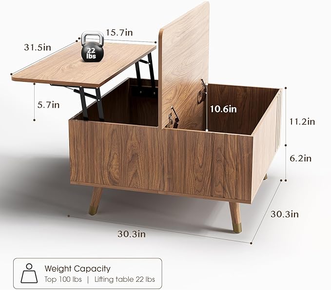 Square Coffee Table with Lift-Top & Flip-Top Storage, 36" Functional Modern Accent Center Table with Solid Wood Legs, Rustic Walnut Coffee Tables for Living Room Small Space or Office