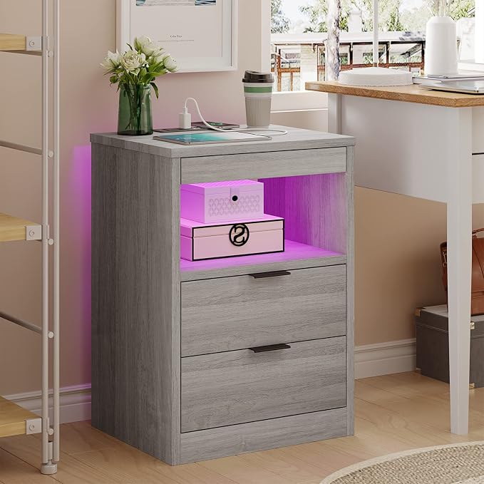 Tiptiper LED Nightstand with Wireless Charging Station, Farmhouse Nightstand with LED Light, Rustic End Table Side Table with Drawers, Pull-Out Tray and Open Storage, Grey Wood Grain - Image 6